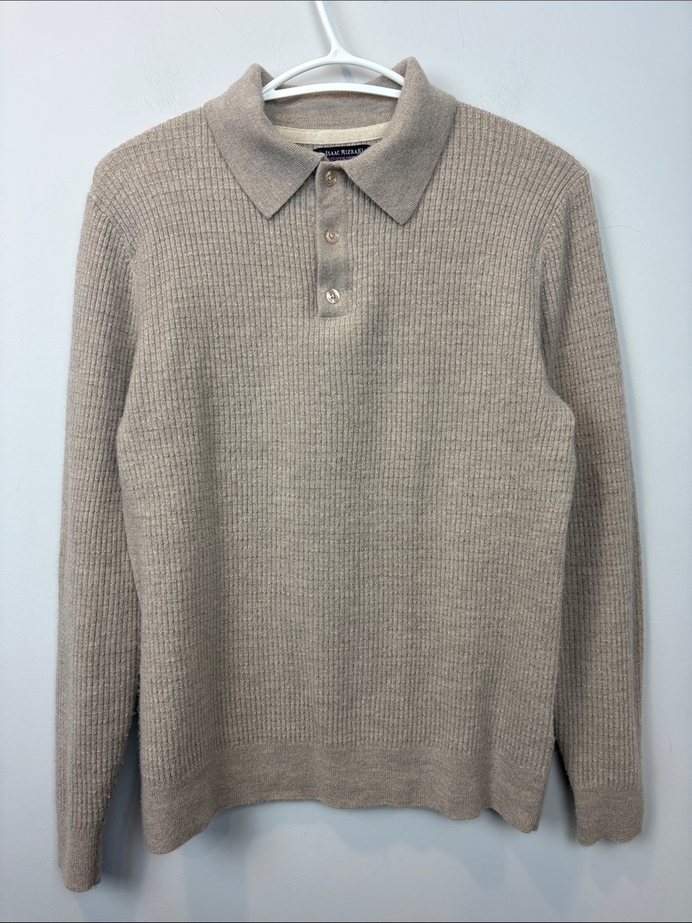 Isaac Mizrahi merino wool long-sleeve knit polo sweater